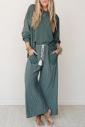 Green Bay Raw Seam Patchwork Long Sleeve Top Pocket Casual Pants 2pcs Set