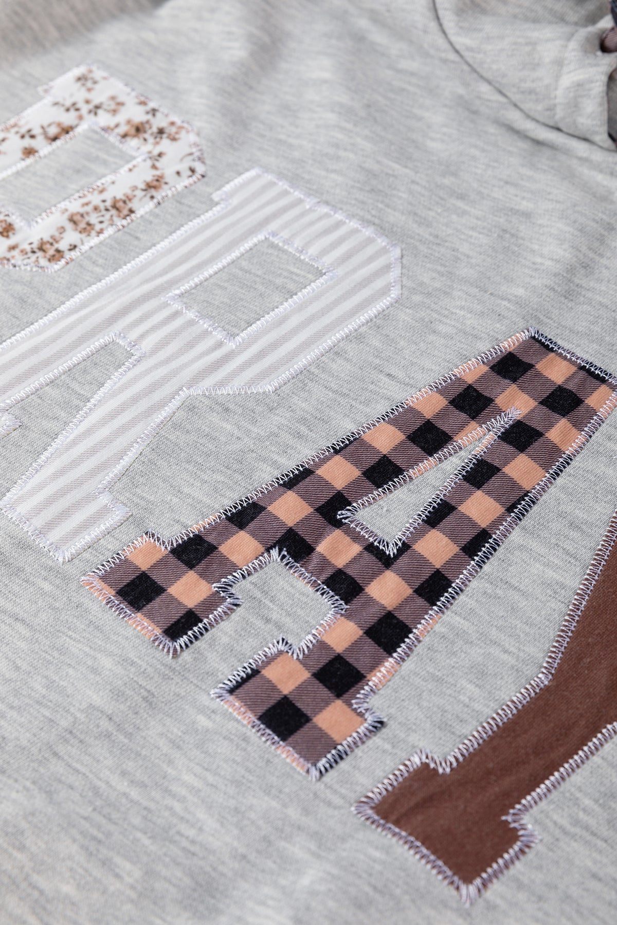 Chicory Coffee PRAY Mix Pattern Letter Graphic Plaid Contrast Drawstring Hoodie