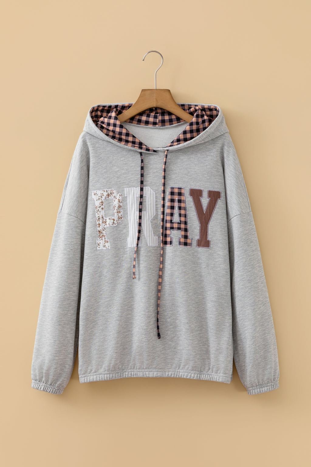 Chicory Coffee PRAY Mix Pattern Letter Graphic Plaid Contrast Drawstring Hoodie