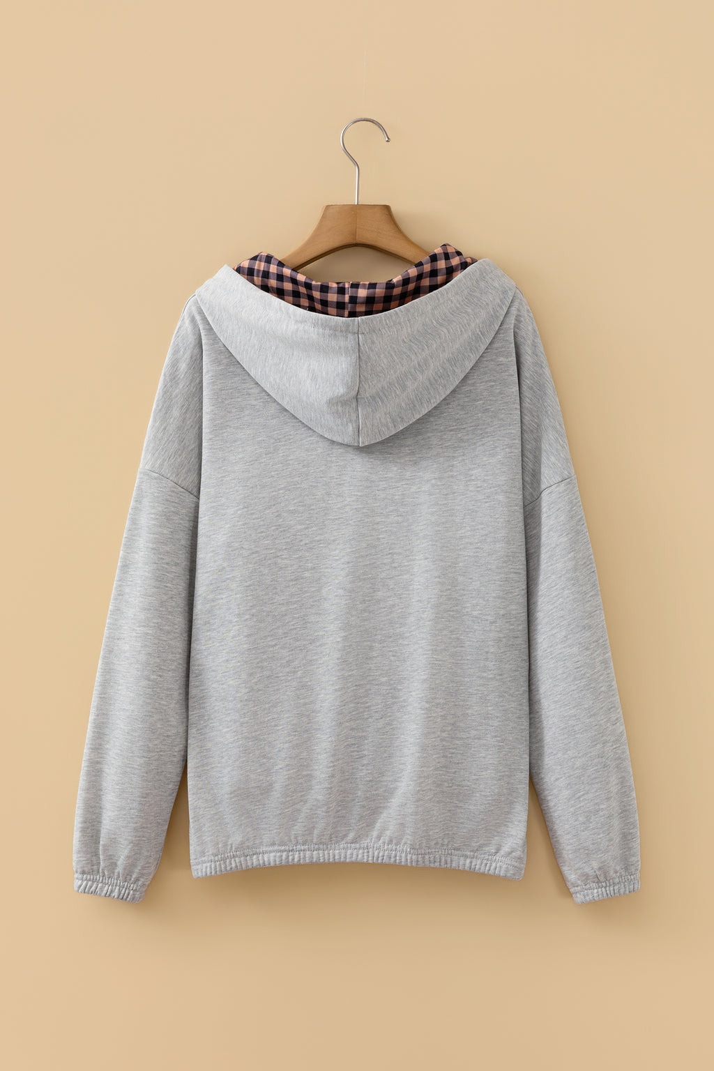 Chicory Coffee PRAY Mix Pattern Letter Graphic Plaid Contrast Drawstring Hoodie