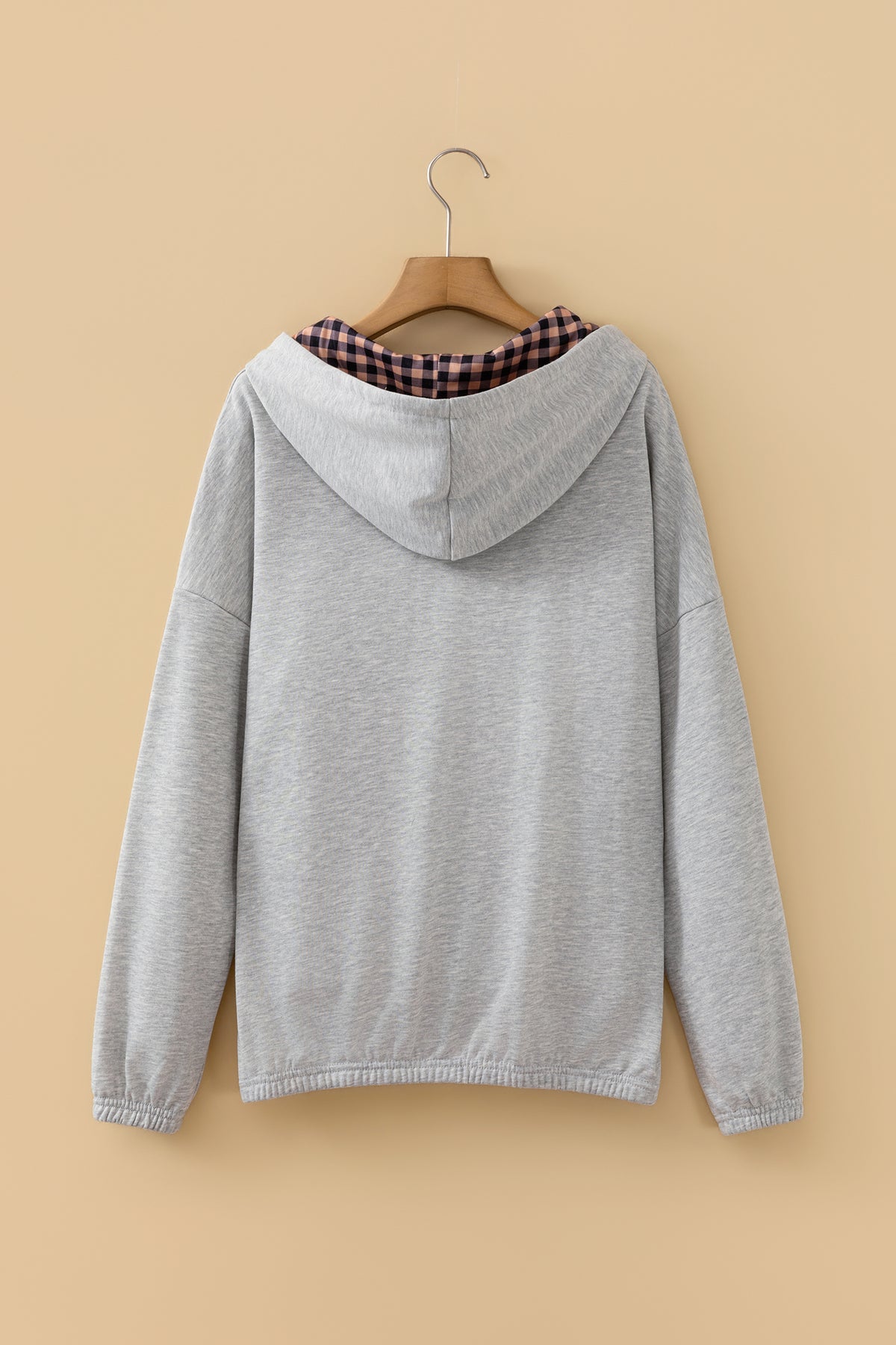 Chicory Coffee PRAY Mix Pattern Letter Graphic Plaid Contrast Drawstring Hoodie