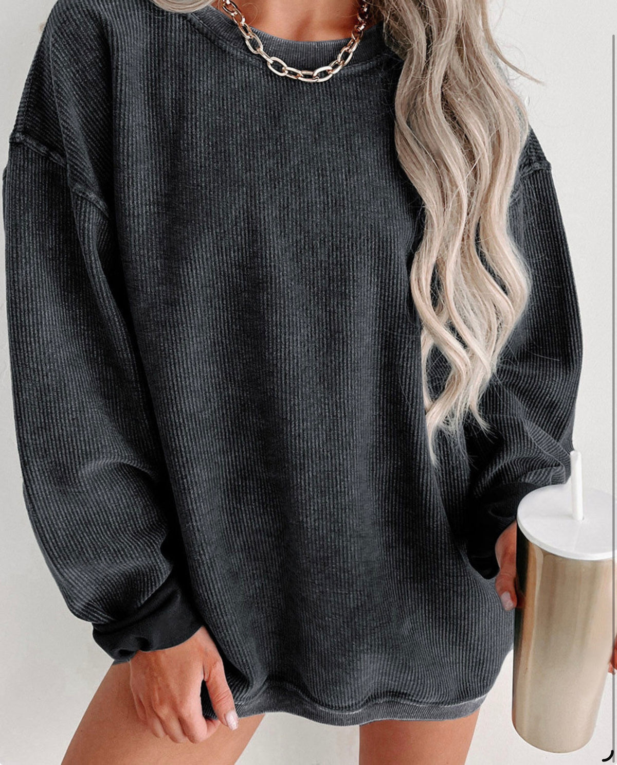 Ribbed Knit Oversized Pullover Sweatshirt