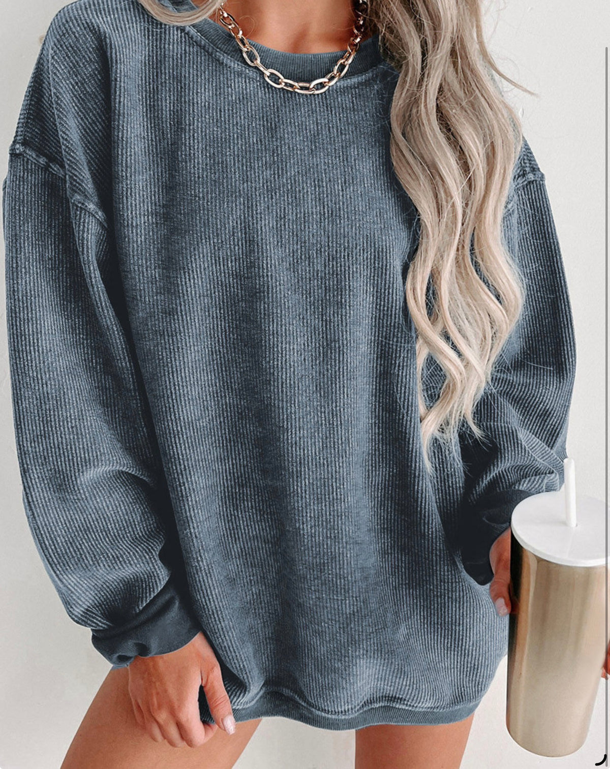 Ribbed Knit Oversized Pullover Sweatshirt
