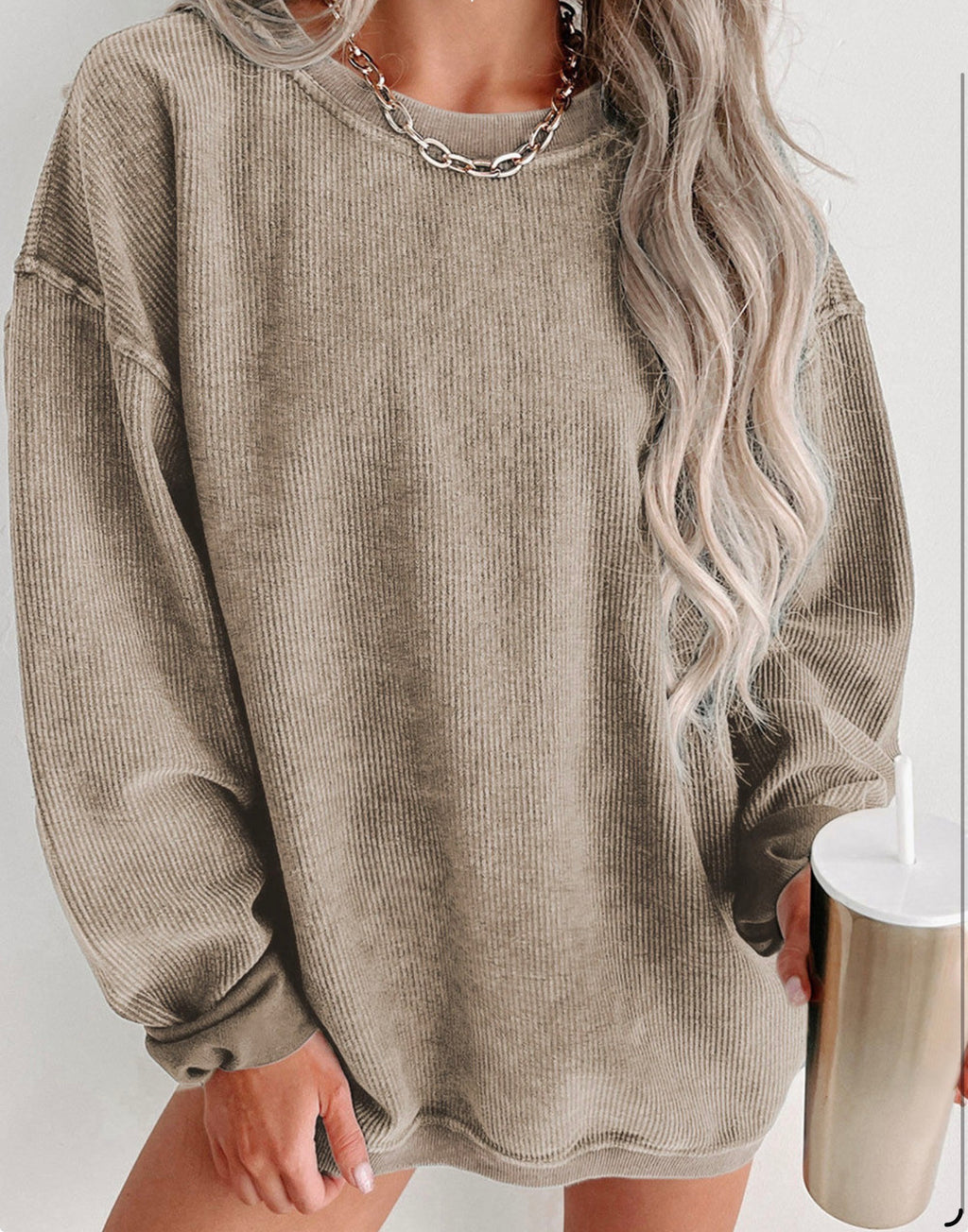 Ribbed Knit Oversized Pullover Sweatshirt