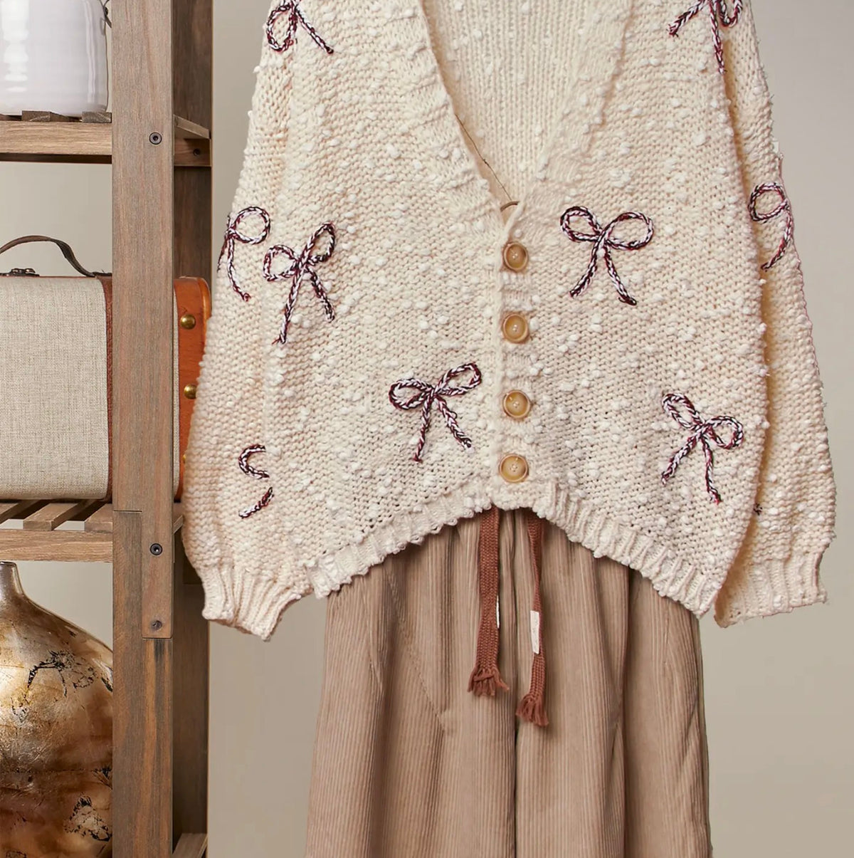 Ribbon Bow Popcorn Knit Cardigan