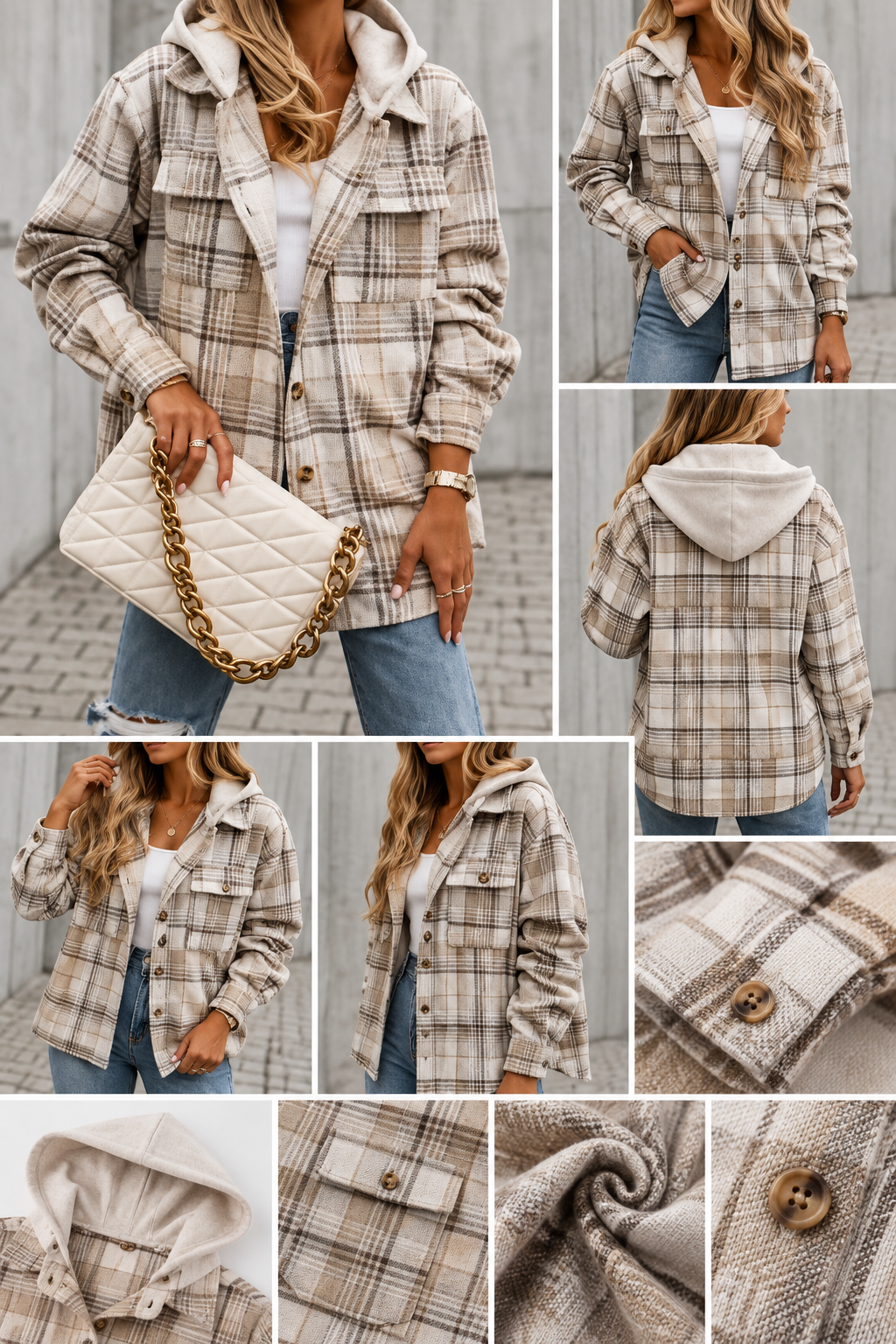 Khaki Plaid Removable Hood Button-up Shacket